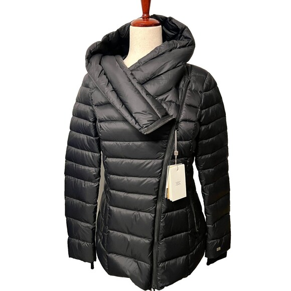 NWT Soia & Kyo Women's S Jacinda Down Puffer Coat Hooded Asymmetric Zip Black - Picture 5 of 15